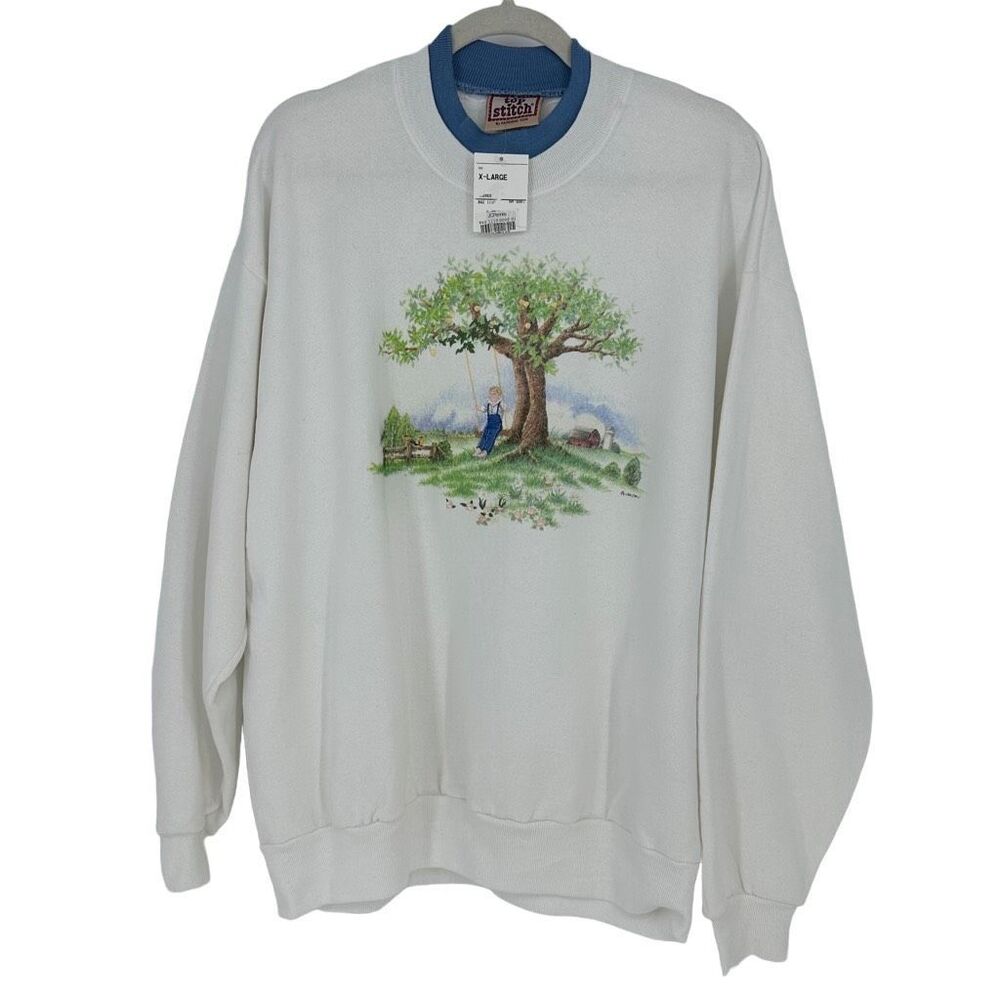 Vintage 90 Top Stitch Sweatshirt Graphic Embroidered Countryside Tree XL USA - Picture 1 of 12